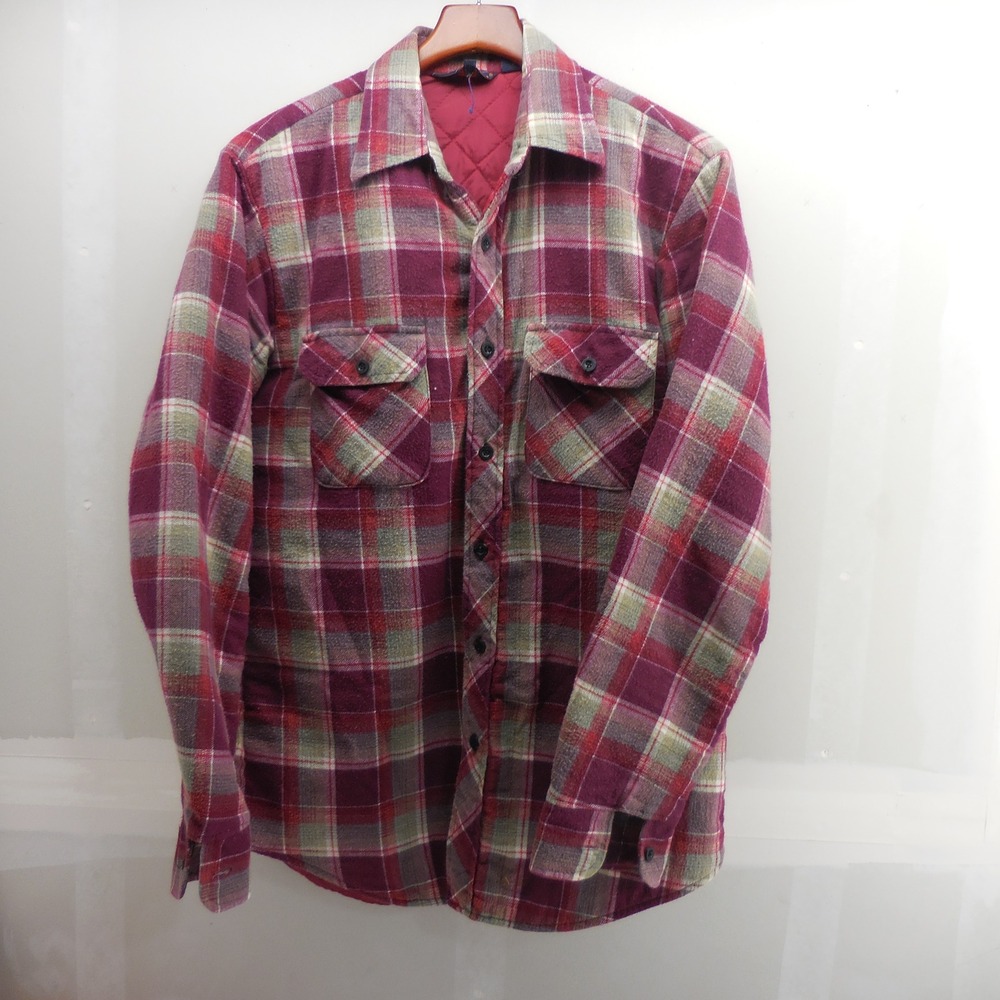 Woodland Mens Quilted Flannel Shirt Jacket Plaid Burgundy Green Tall M Vintage